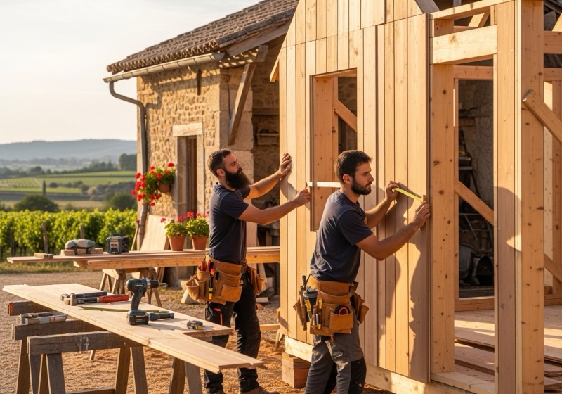 Charpentiers montant l'ossature bois d'une tiny house