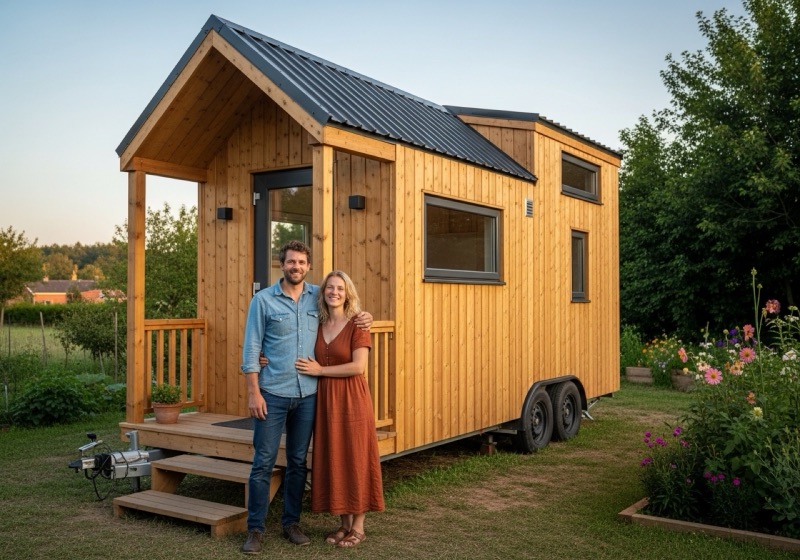 Couple devant sa tiny house en bois le jour de la livraison