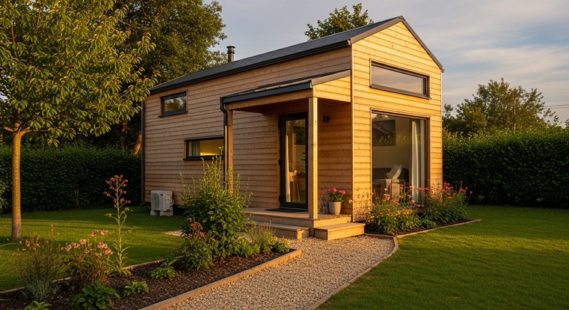 Tiny house en ossature bois installée dans un jardin au coucher du soleil