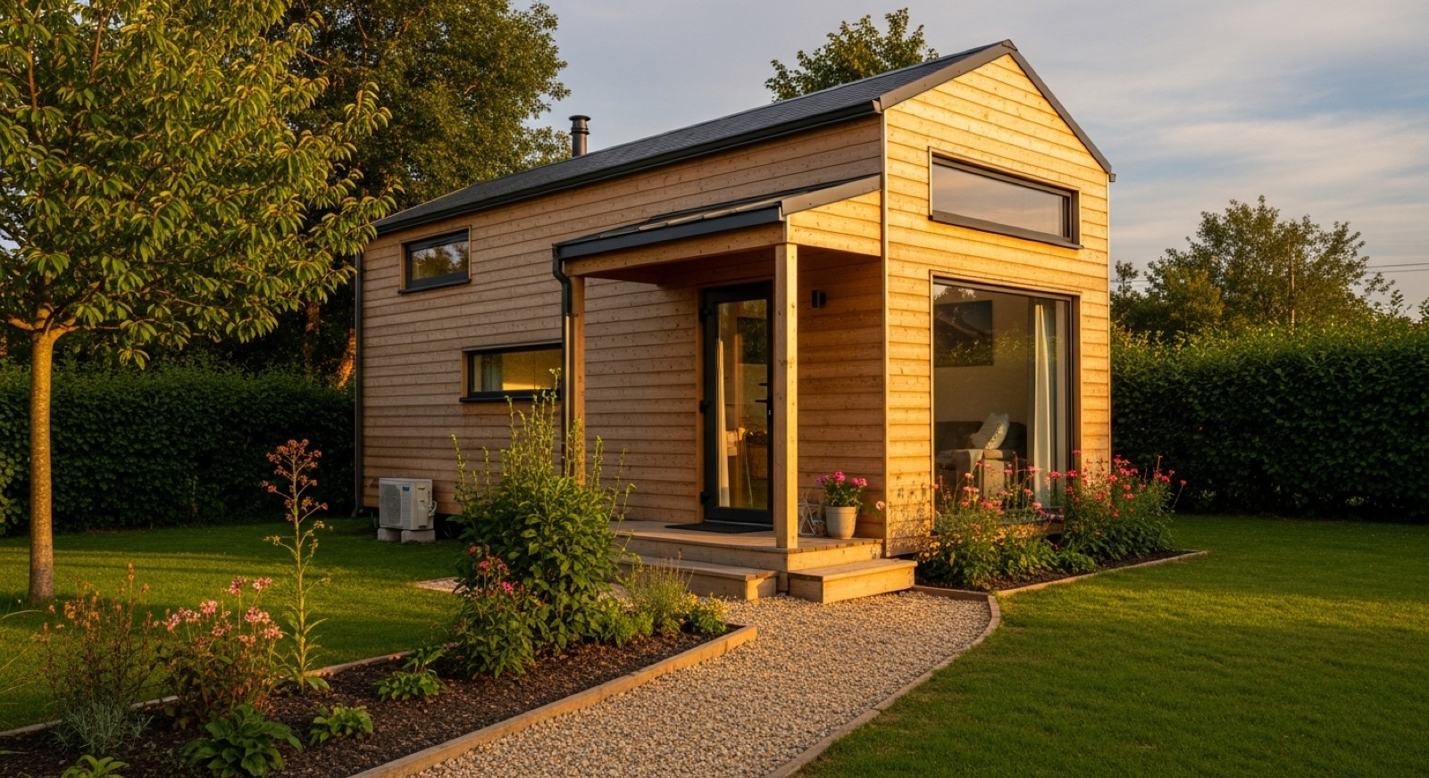Tiny house en ossature bois installée dans un jardin au coucher du soleil