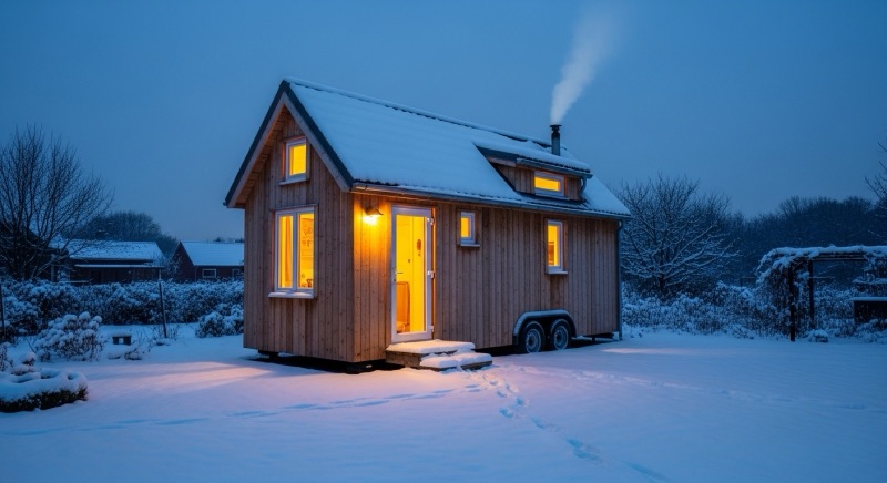 Tiny house éclairée sous la neige, fumée du poêle à bois