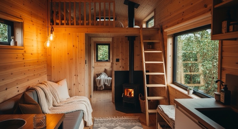Intérieur chaleureux d'une tiny house avec mezzanine et poêle à bois
