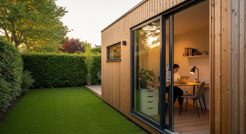 Studio de jardin en bardage bois sur fondations, aménagé en bureau