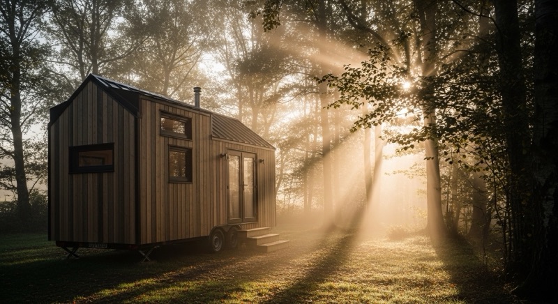 Tiny house sur roues stationnée en lisière de forêt au lever du soleil