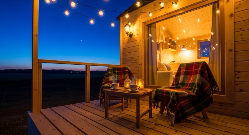 Terrasse en bois d'une tiny house éclairée à la nuit tombée